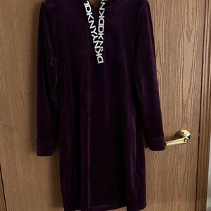 DKNY Deep Purple Velour Hoodie Dress with Logo Trim